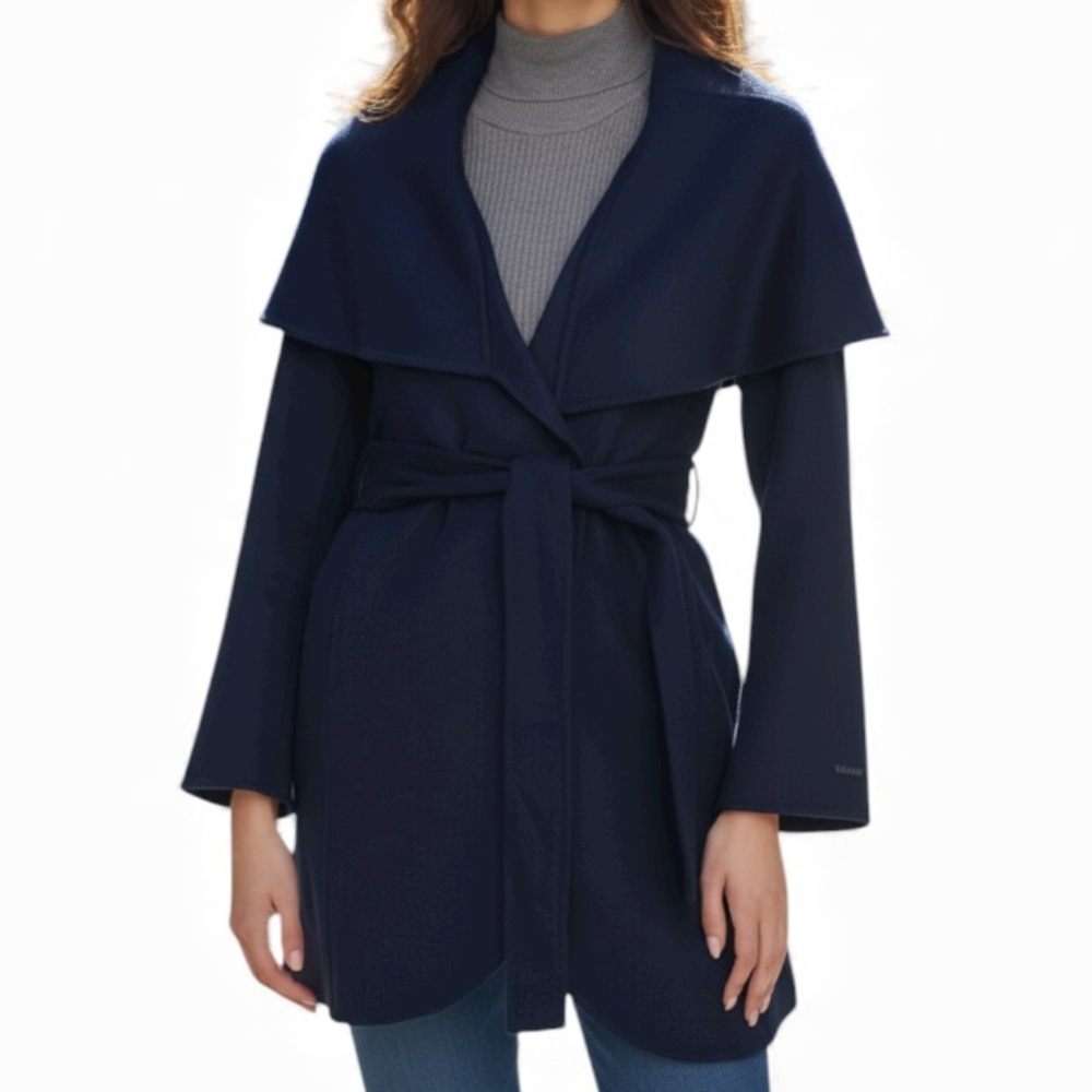 Tahari Marilyn Shawl Double Face Wool-Blend Wrap Coat in Navy
